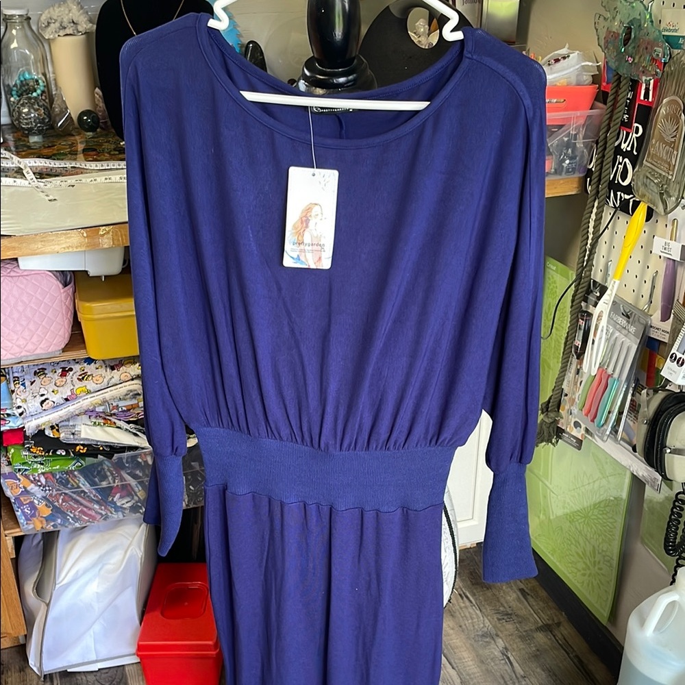 Blue Sheath Dress with Dolman Sleeves and Bateau Neckline
